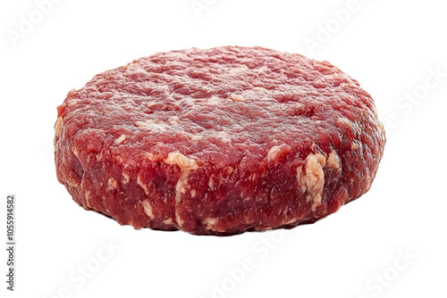 Ground beef patty, raw with visible fat, isolated on white photo