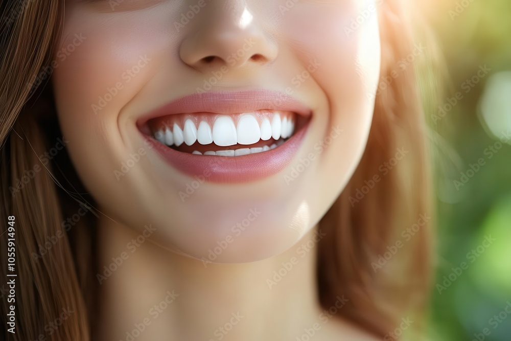 Fototapeta premium Close-up of young woman with glowing smile, white teeth, fresh outdoor background
