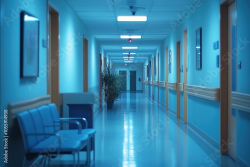 Calm Blue Hospital Corridor with Modern Design