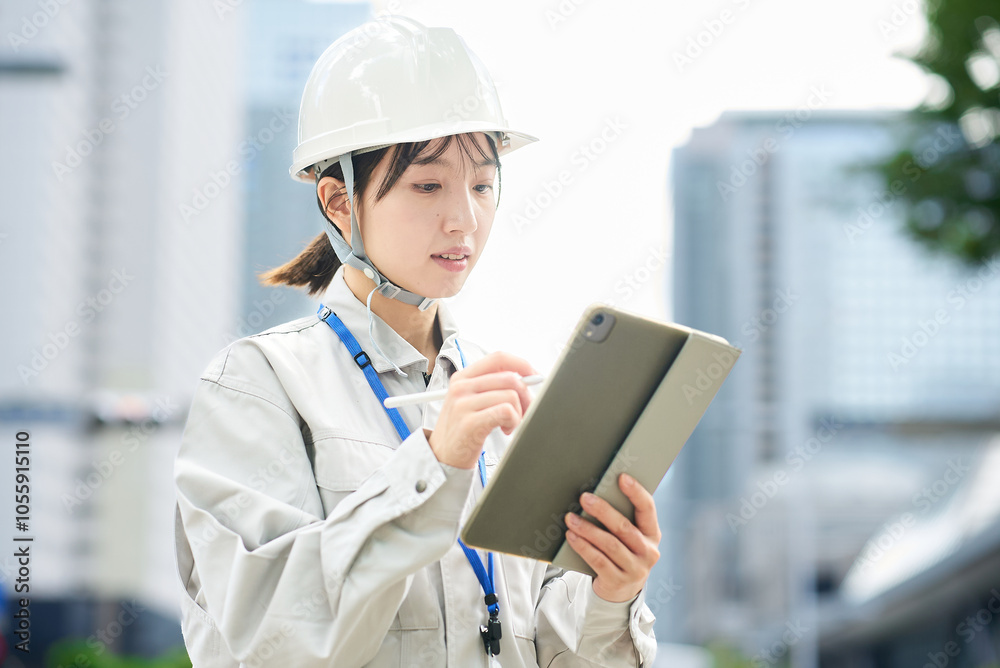 作業服とヘルメットを着用した若い女性