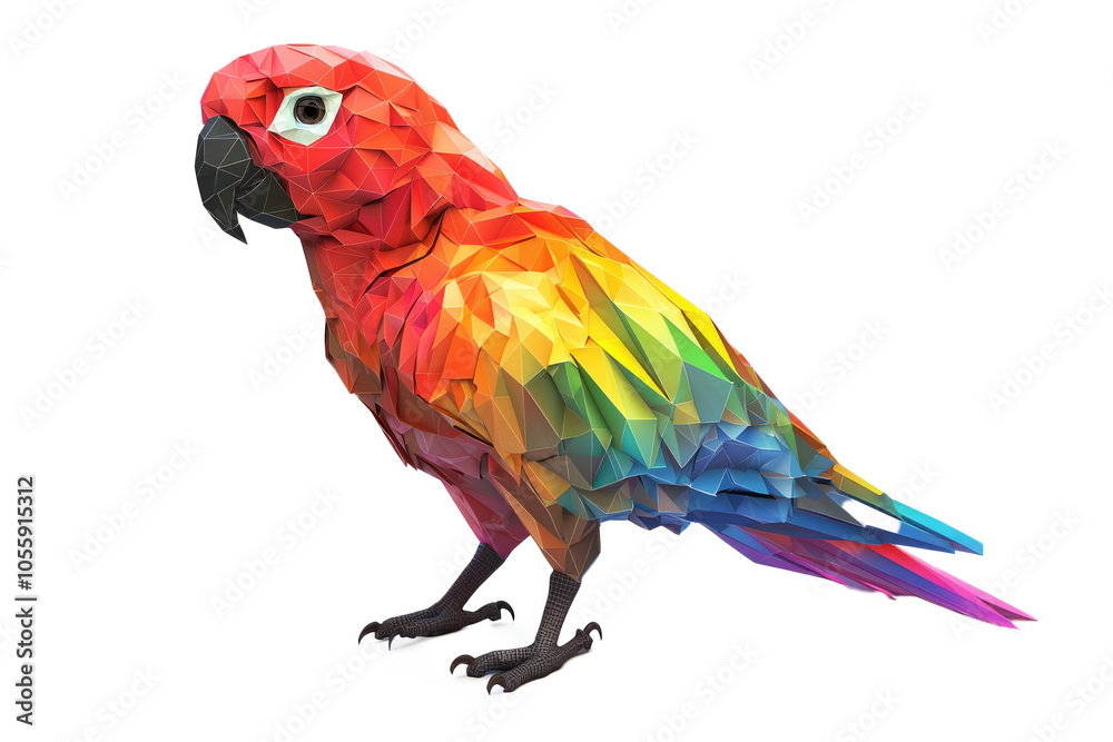 Obraz premium Low-poly parrot with glowing rainbow patterns on its wings and tail, on a white background