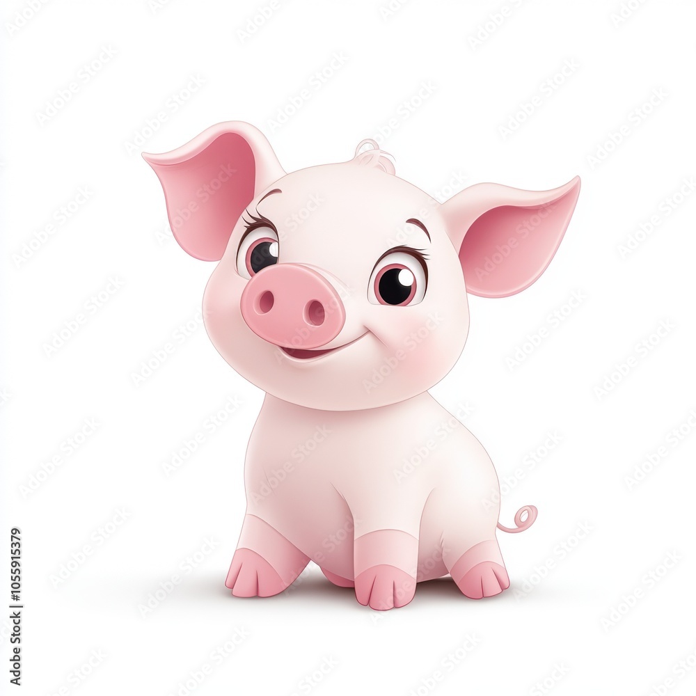 Cute Cartoon Piglet with Big Eyes and Playful Expression on White Background
