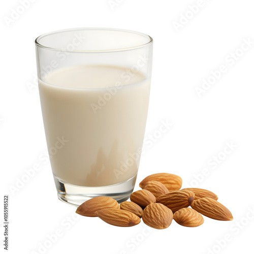 Glass of milk with almonds isolated on transparent background Generative Ai.