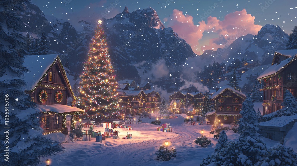Snowy Christmas Village with Decorated Tree and Gifts Snowy Christmas Village with Decorated Tree and Gifts