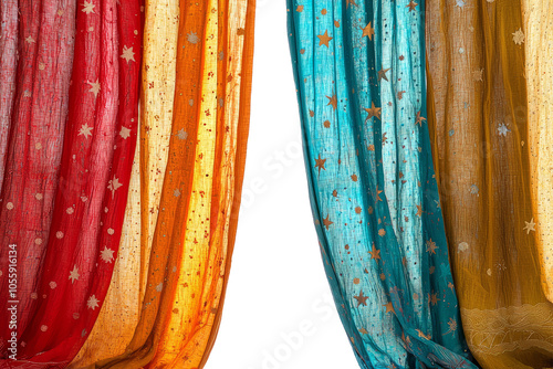 Colorful curtains in playful patterns, like stars and moons curtains slightly parted at the center on white background photo