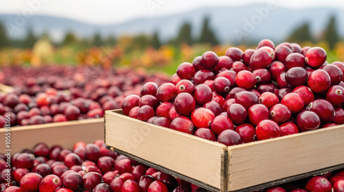 Fresh cranberries in wooden crates, showcasing vibrant cranberry red hues