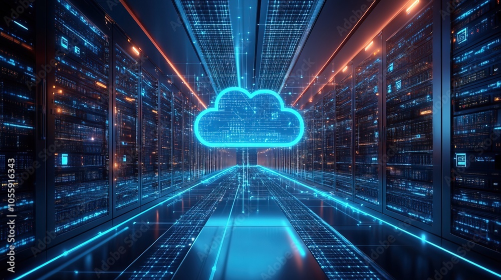 Fototapeta premium Modern cloud computing concept with servers and laptops connected