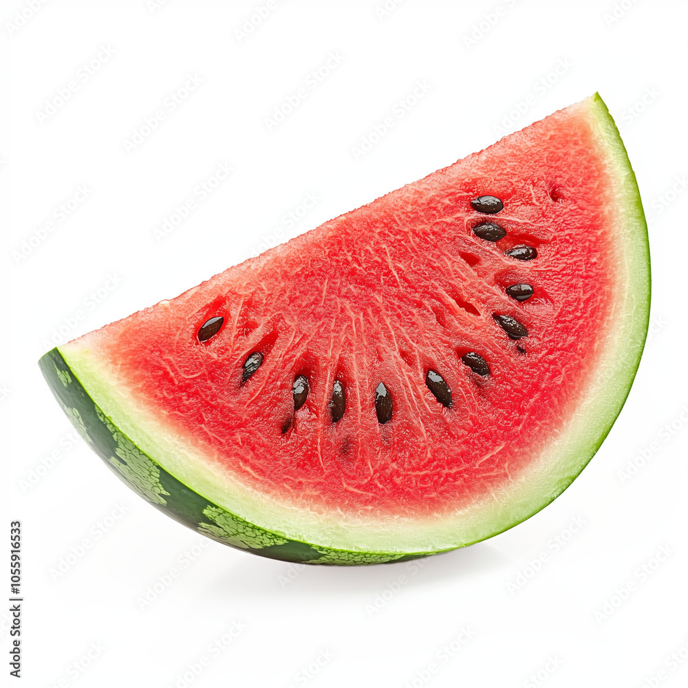 Red Watermelon Slice with Seeds Isolated on White Background Red Watermelon Slice with Seeds Isolated on White Background