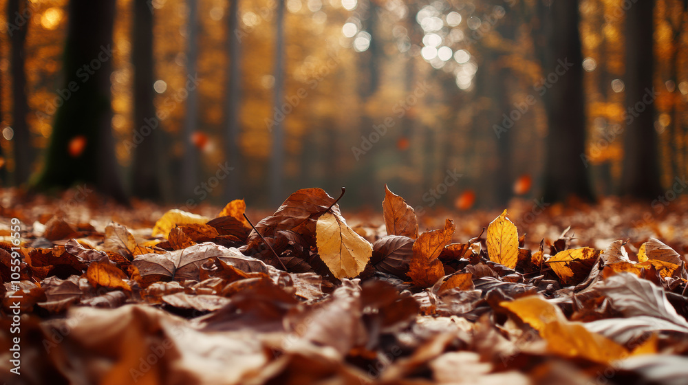Fallen leaves cover forest floor in warm earthy tones, creating serene atmosphere Fallen leaves cover forest floor in warm earthy tones, creating serene atmosphere