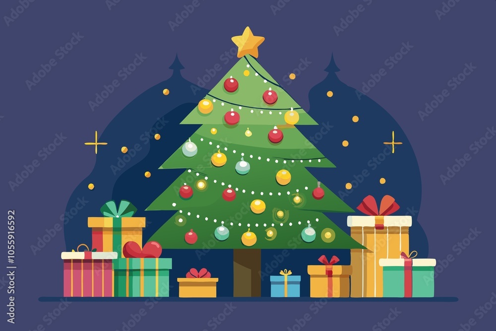 Illustration of a decorated Christmas tree with gifts on a dark blue background Illustration of a decorated Christmas tree with gifts on a dark blue background