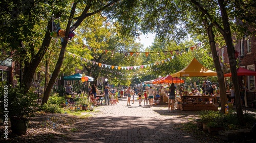 Fototapeta Naklejka Na Ścianę i Meble -  A small neighborhood block party with families gathered on a sunny street, kids playing games, and adults chatting by food stalls. String lights and colorful bunting are hung between trees, 