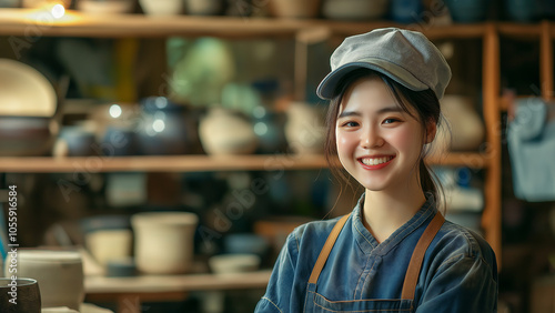 Asian woman, ceramic artist, copy space, smiling photo