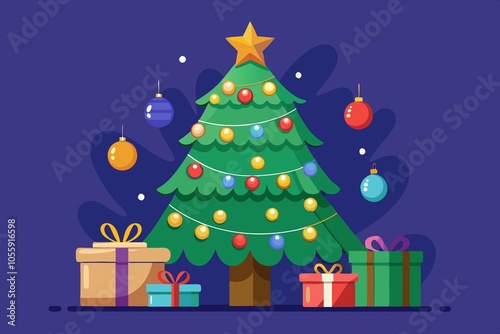 Illustration of a decorated Christmas tree with gifts on a dark blue background