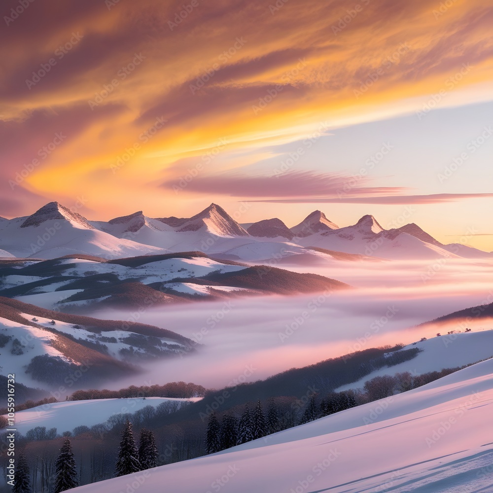 Breathtaking Sunrise Over Snow-Covered Mountain Range Breathtaking Sunrise Over Snow-Covered Mountain Range