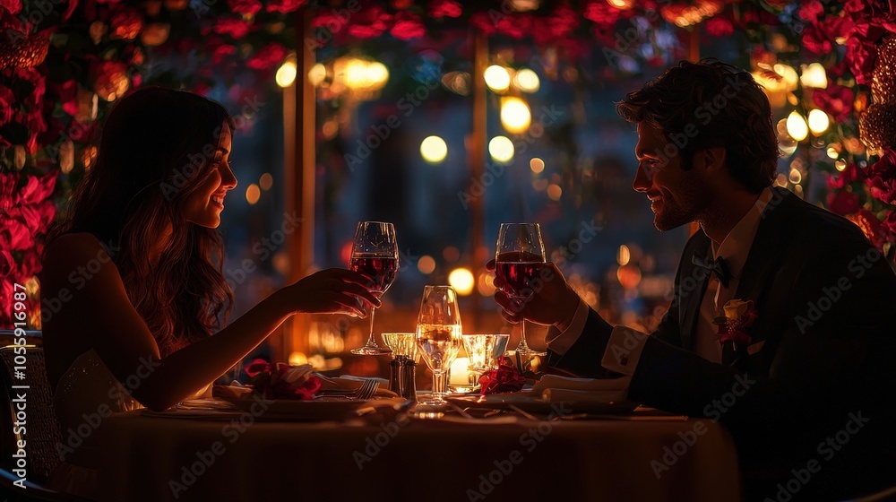 A wedding anniversary celebration at a fancy restaurant, with a couple toasting over a candle-lit dinner. Their love and memories shine through, creating a picture of lasting romance A wedding anniversary celebration at a fancy restaurant, with a couple toasting over a candle-lit dinner. Their love and memories shine through, creating a picture of lasting romance