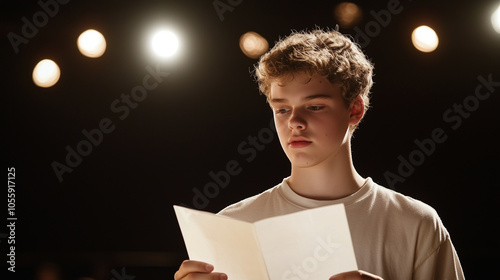 Young Actor Rehearsing on Stage with Script and Theater Lights photo