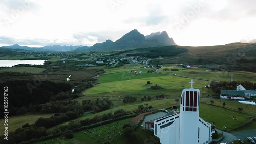 Panoramic drone view of Borge church inlofoten islands, Norway photo