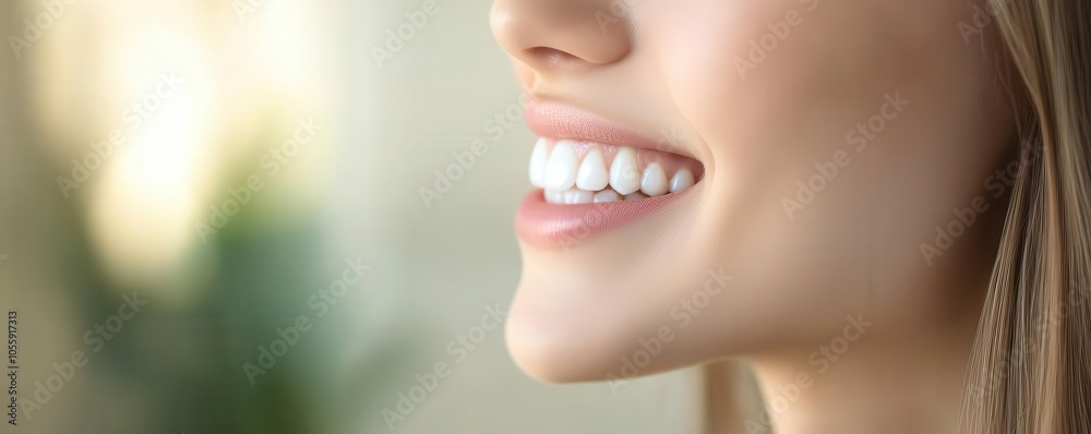 Fototapeta premium Side profile of woman s bright smile, white teeth, soft background blur, calm beauty