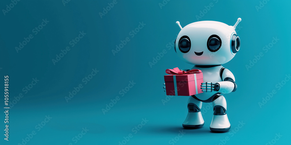 A friendly android robot stands happily while holding a colorful gift box. The robot\'s expression is joyful and the bright blue background adds a festive atmosphere to the moment A friendly android robot stands happily while holding a colorful gift box. The robot\'s expression is joyful and the bright blue background adds a festive atmosphere to the moment