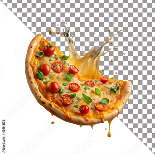 Pizza slices flying, isolated on white background.