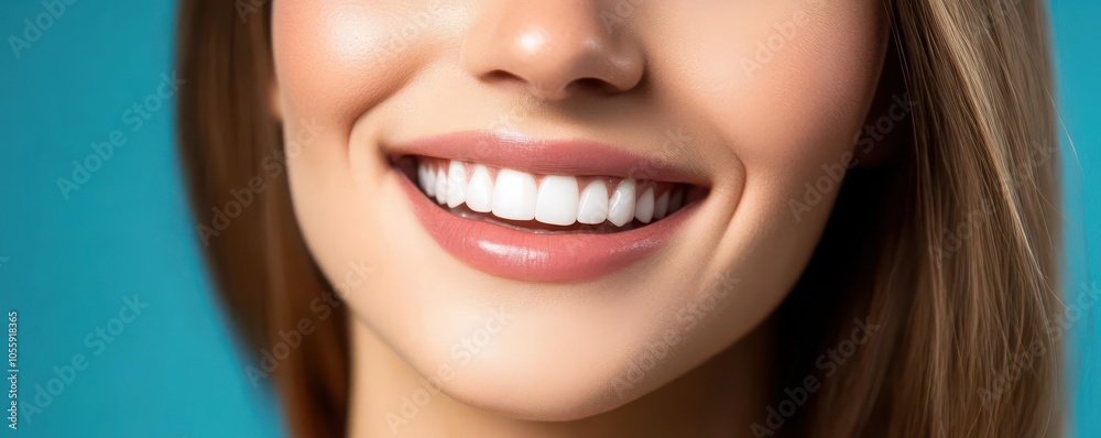 Obraz premium Woman s relaxed smile, white teeth showing, minimal makeup, timeless beauty