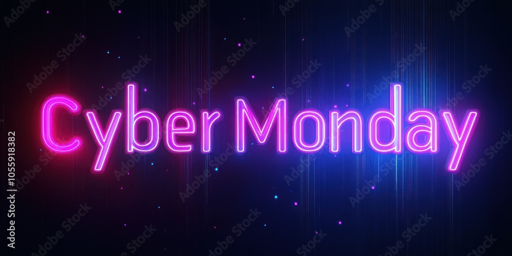 The striking neon words Cyber Monday stand out boldly against a dark background creating a visually engaging effect ideal for showcasing online sales and discounts in the festive shopping period The striking neon words Cyber Monday stand out boldly against a dark background creating a visually engaging effect ideal for showcasing online sales and discounts in the festive shopping period