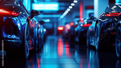 Row of Black Cars in a Garage with Blue and Red Lighting