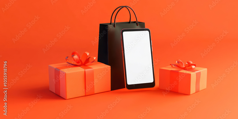The vibrant orange background features a stylish shopping bag next to two neatly wrapped gift boxes adorned with ribbons