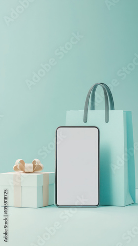 A pastel-colored shopping bag stands next to an elegant gift box while a smartphone is presented with a blank screen ideal for promoting e-commerce and holiday shopping concepts