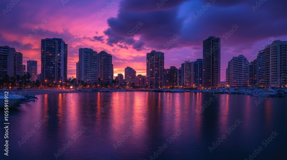 Cityscape at Dusk with Purple Sky and Water Reflections Cityscape at Dusk with Purple Sky and Water Reflections