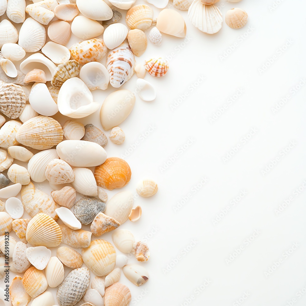 Fototapeta premium A collection of beautiful seashells arranged artfully on a white background, evoking a sense of tranquility and coastal charm.