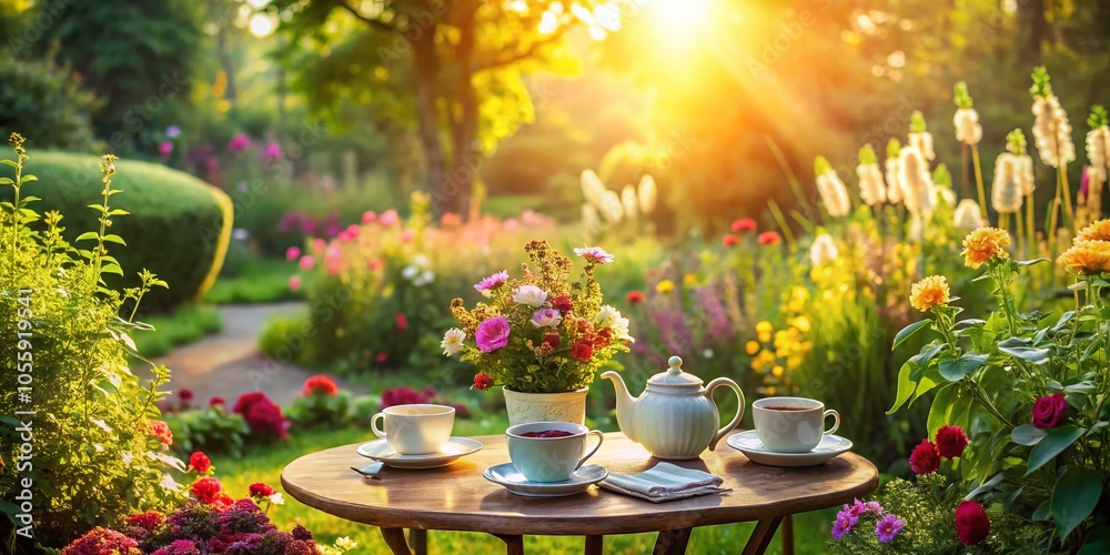 Relaxing Tea Break in a Serene Garden Setting with Lush Greenery and Vibrant Flowers Relaxing Tea Break in a Serene Garden Setting with Lush Greenery and Vibrant Flowers