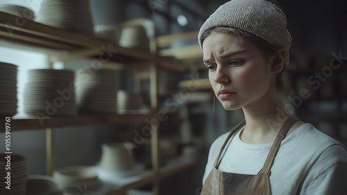 White woman, ceramic artist, copy space, looking at the subject with a serious or sad expression photo