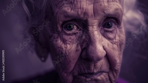 Contemplative Elderly Woman Portrait on Muted Purple Monochrome Background for Reflective Design