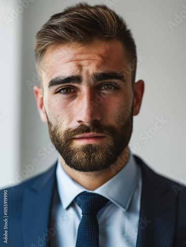 the young men, short beard, brown eyes, brown hair cut, short cut, suit navy blue, background white, portrait shot photography, 