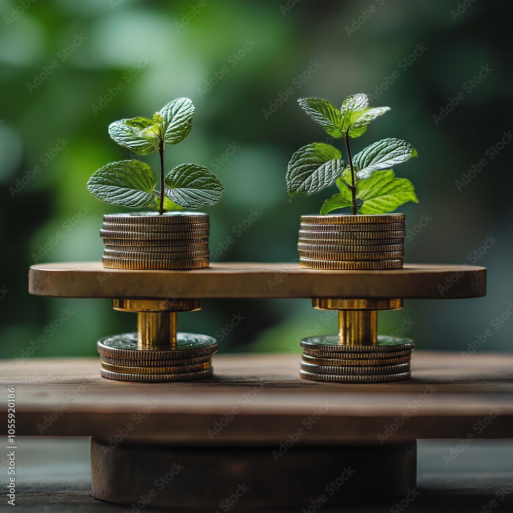 Growing plants on stacks of coins symbolizes balance between nature and finance. This captures essence of sustainability and investment in visually striking way Growing plants on stacks of coins symbolizes balance between nature and finance. This captures essence of sustainability and investment in visually striking way