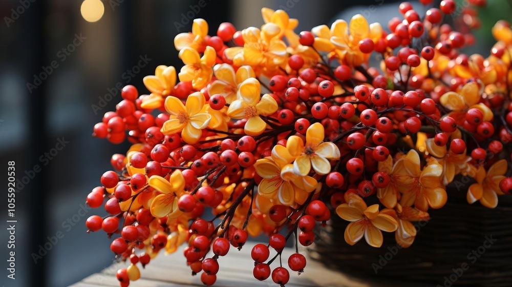 A basket of red and yellow berries is sitting on a table A basket of red and yellow berries is sitting on a table