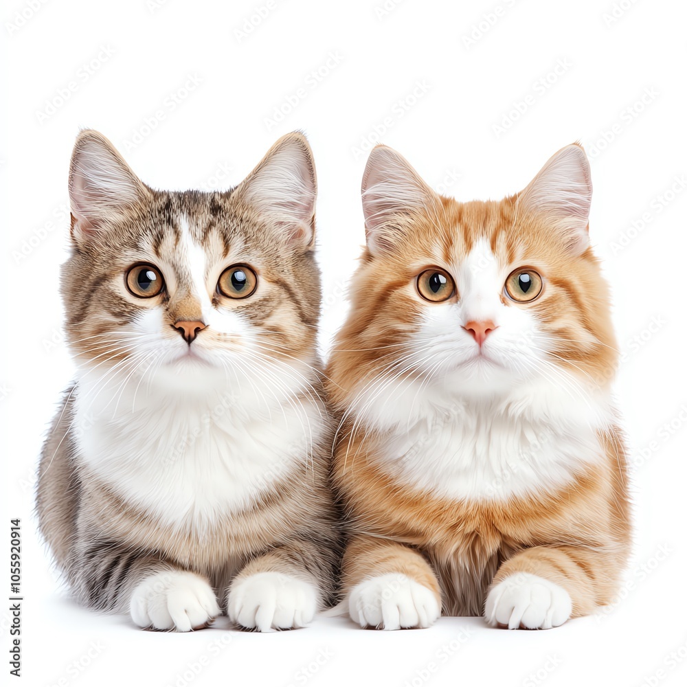 Two adorable cats sit side by side, displaying their unique fur patterns and expressive eyes against a white background. Two adorable cats sit side by side, displaying their unique fur patterns and expressive eyes against a white background.