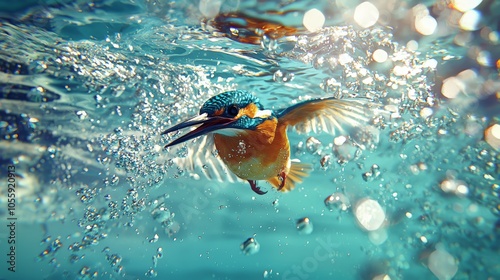 Kingfisher Chasing Small Fish Underwater with Focused Expression and Dynamic Wings