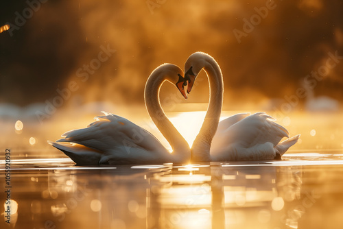 Two swans on the lake forming a heart shape with their joined necks. photo