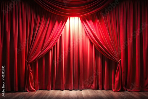 Partly open red theater or cinema curtain with white light behind at a tilted angle photo