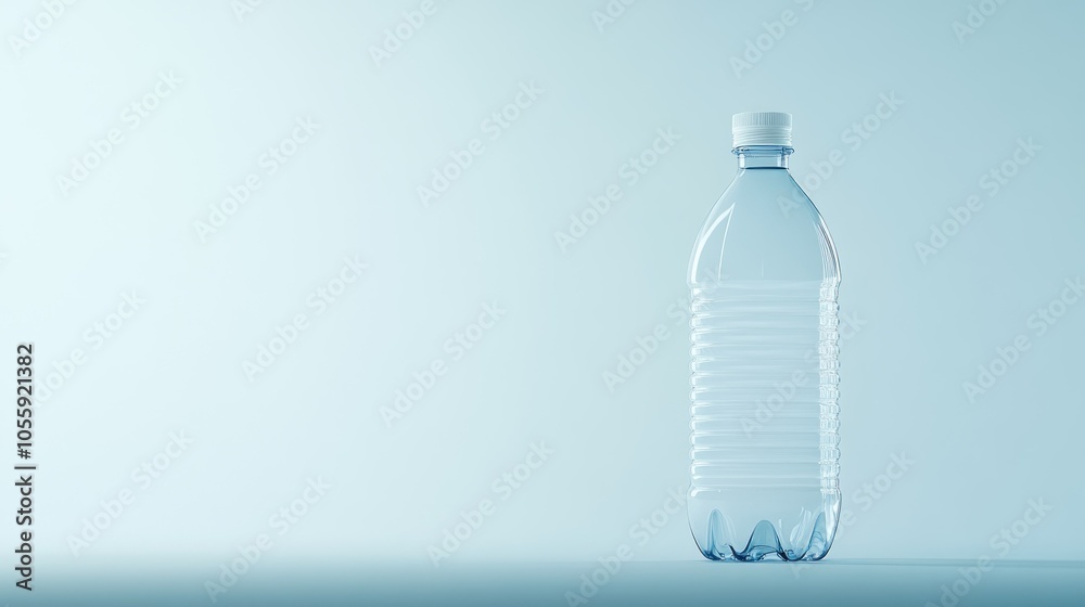 Single Clear Plastic Water Bottle with White Cap on a Light Blue Background Single Clear Plastic Water Bottle with White Cap on a Light Blue Background