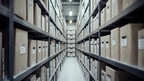 Warehouse storage shelves filled with cardboard boxes