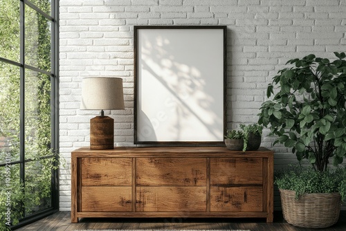 Wall art empty picture frame mockup on wooden desk, wall, table. Vase with olive branches, cactus. Elegant working space, home office concept.	
