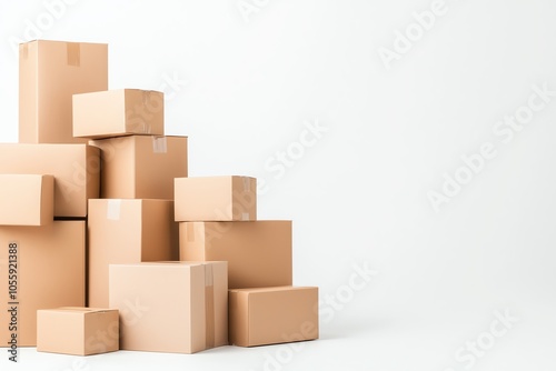 A collection of stacked cardboard boxes on a white background, perfect for shipping, storage, or organization concepts.