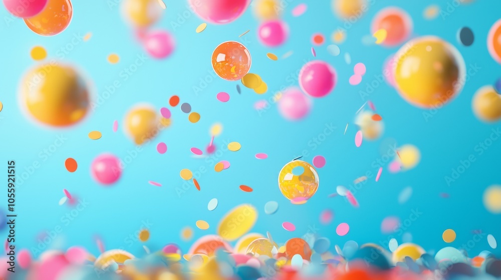 Colorful confetti and bubbles floating against a vibrant background Colorful confetti and bubbles floating against a vibrant background