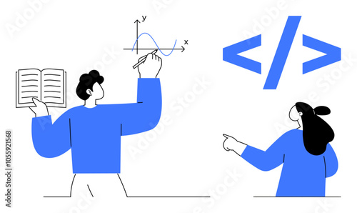 Two individuals explore data and coding concepts. One holds a book and writes a graph on a board, while the other points at coding symbols. Ideal for education, data science, programming, STEM