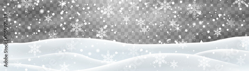 Snow flakes, snow and blizzard falling on snowdrifts. Snow landscape decoration, frozen hills isolated on png background. Vector heavy snowfall with snowbanks field. Christmas vector illustration