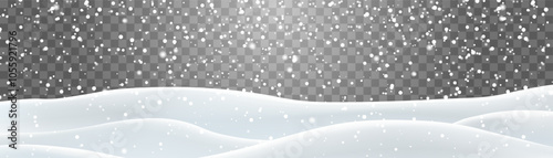 Snow flakes, snow and blizzard falling on snowdrifts. Snow landscape decoration, frozen hills isolated on png background. Vector heavy snowfall with snowbanks field. Christmas vector illustration