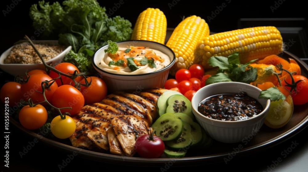 A tray of food with a variety of vegetables and meats A tray of food with a variety of vegetables and meats